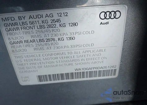 2013 Audi Q5 3.0T Premium Plus z USA, uszkodzony, nr VIN WA1DGAFP6DA051262